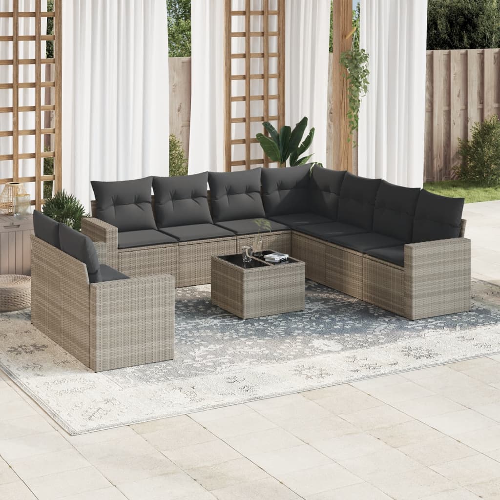 10-tlg. Garten-Sofagarnitur mit Kissen Hellgrau Poly Rattan 10-tlg. Garten-Sofagarnitur mit Kissen Hellgrau Poly Rattan