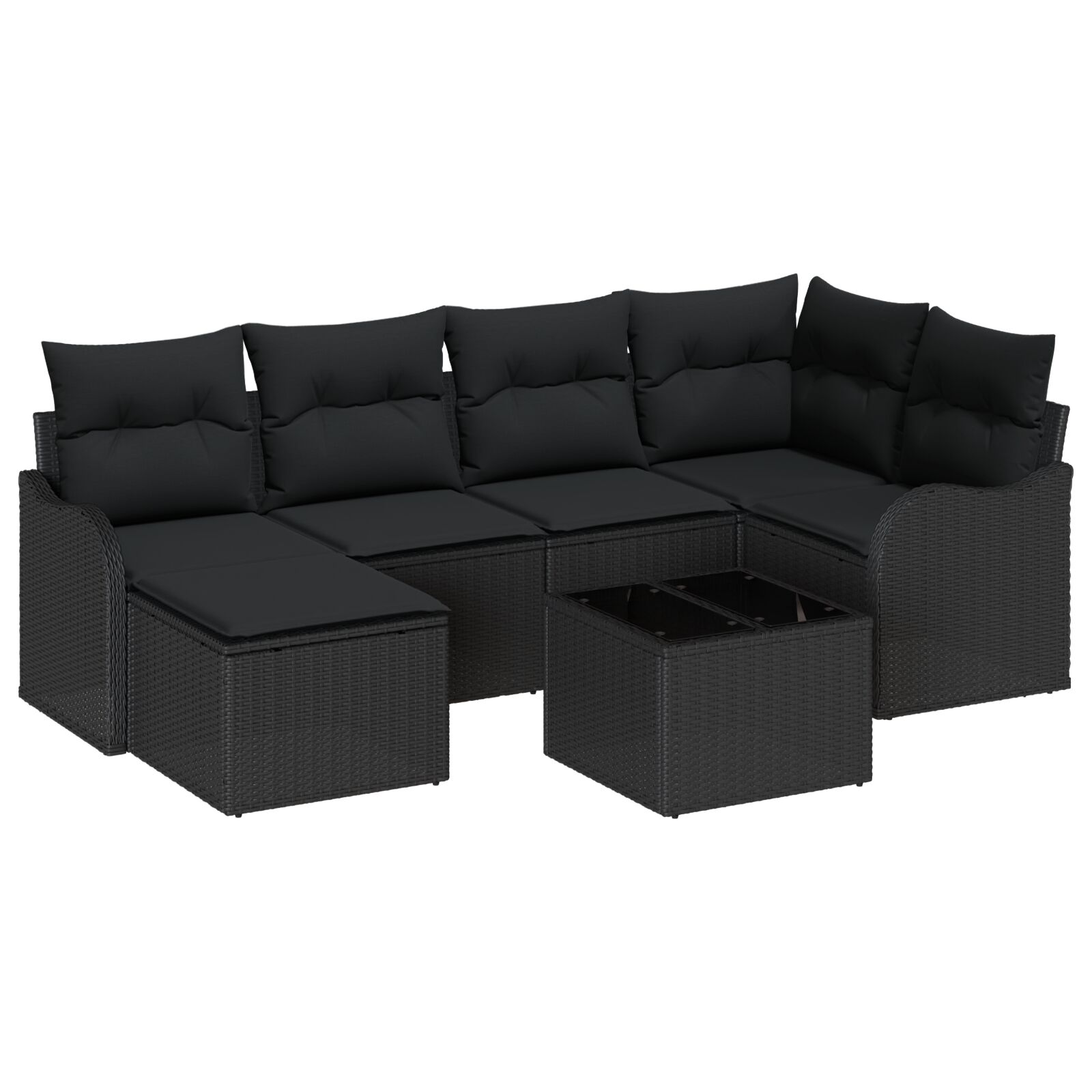 7-teiliges Garten-Sofaset mit Kissen Beige Poly Rattan, 2-Sitzer Garten-Sofa mit Kissen Schwarzes Poly Rattan