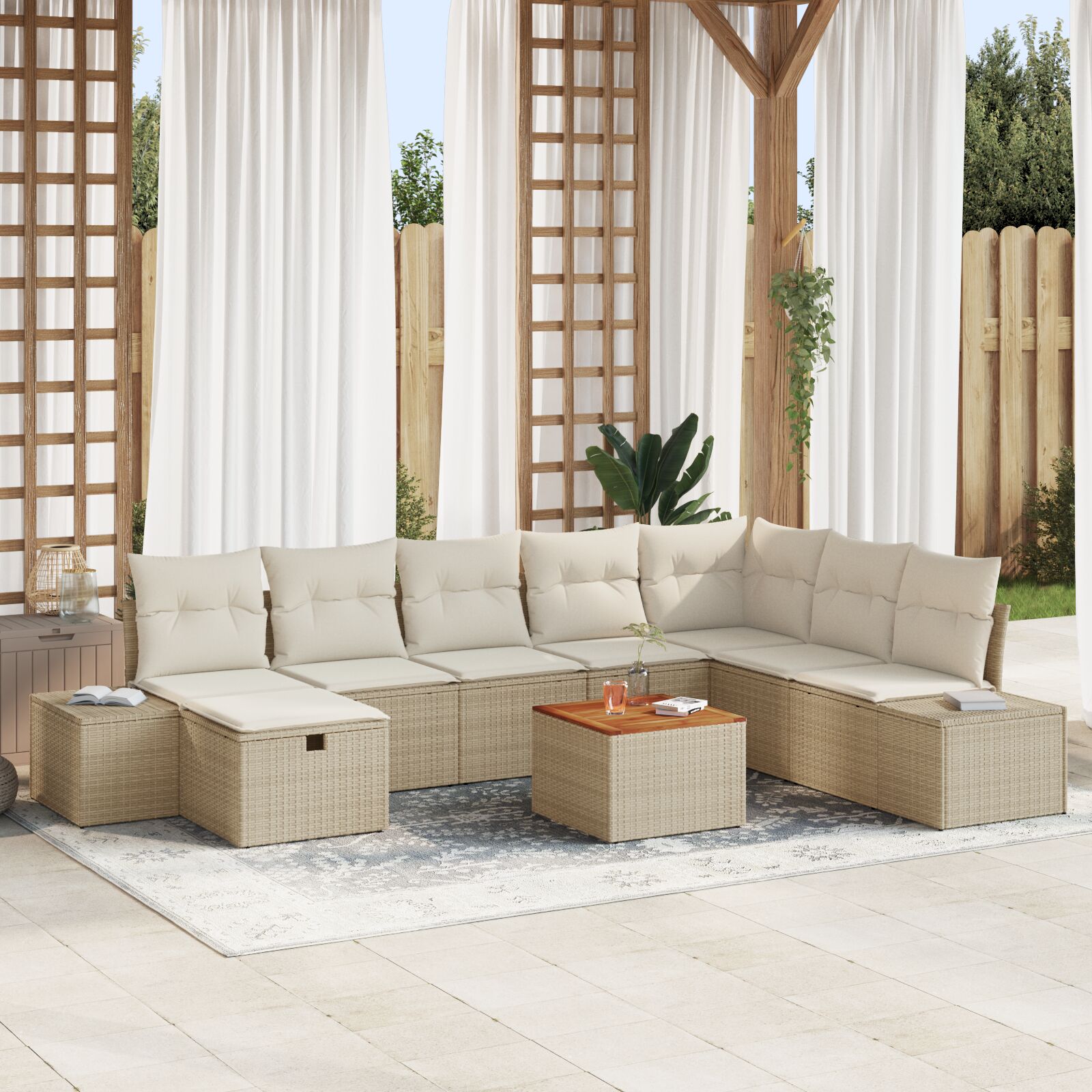 vidaXL Garten Sofa Set 9-teilig Beige Rattan, Polyester Garten Sofa Set
