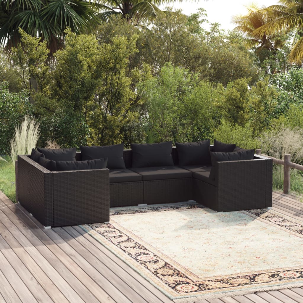 6-tlg. Garten-Lounge-Set mit Kissen Poly Rattan Schwarz 6-tlg. Garten-Lounge-Set mit Kissen Poly Rattan Schwarz