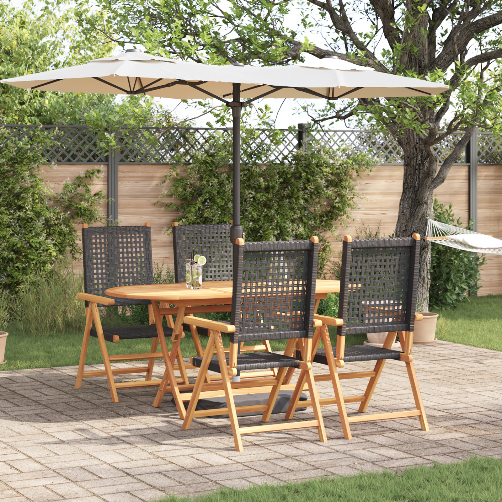 5-tlg. Garten-Essgruppe Schwarz Massivholz Akazie & Poly Rattan