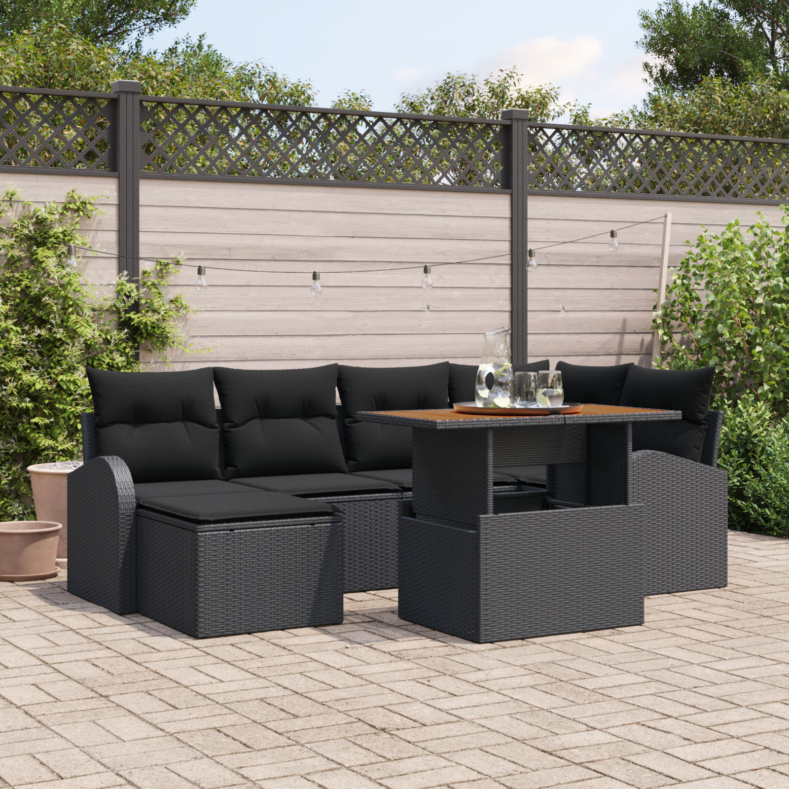 7-teiliges Garten Sofa Set mit Kissen Schwarz Poly Rattan 7-teiliges Garten Sofa Set mit Kissen Schwarz Poly Rattan