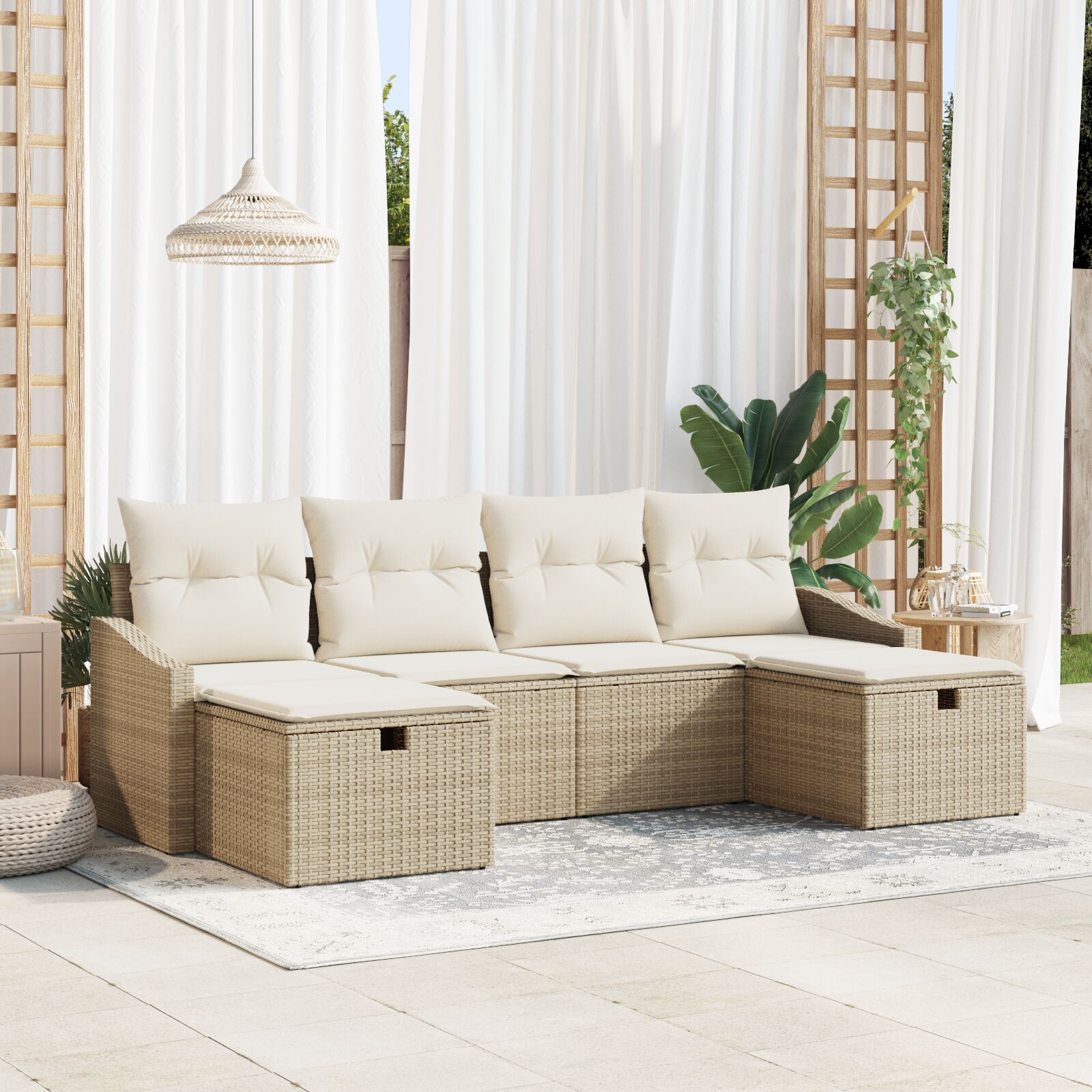 6-teiliges Garten-Sofa-Set mit Kissen Beige Poly Rattan