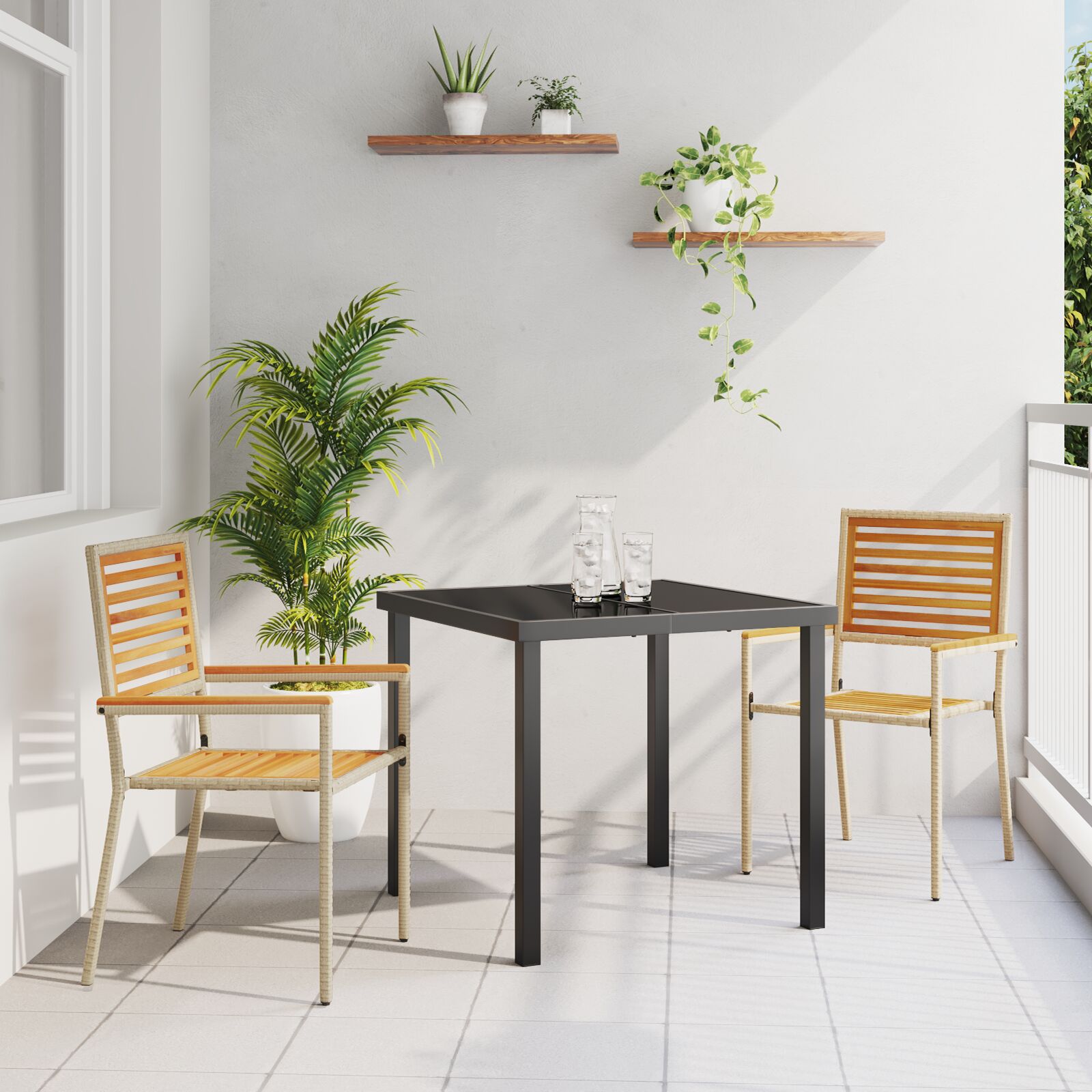 Stapelbare Gartenstühle mit Kissen 2 Stück Beige aus Poly Rattan