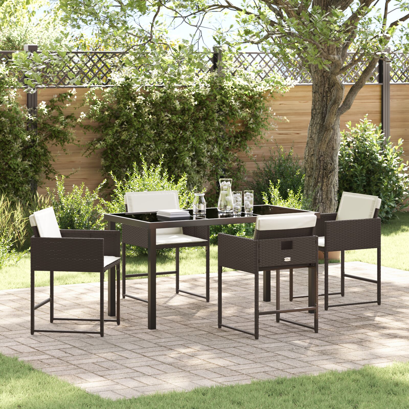 5-teiliges Garten Esszimmer Set mit Kissen Braun Poly Rattan
