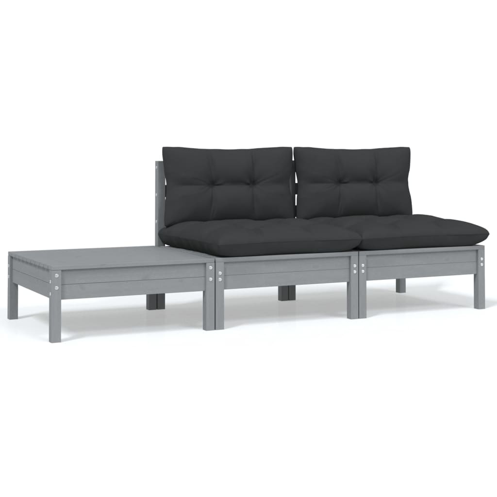 3-tlg. Garten-Lounge-Set mit Kissen Grau Kiefer Massivholz 3-tlg. Garten-Lounge-Set mit Kissen Grau Kiefer Massivholz