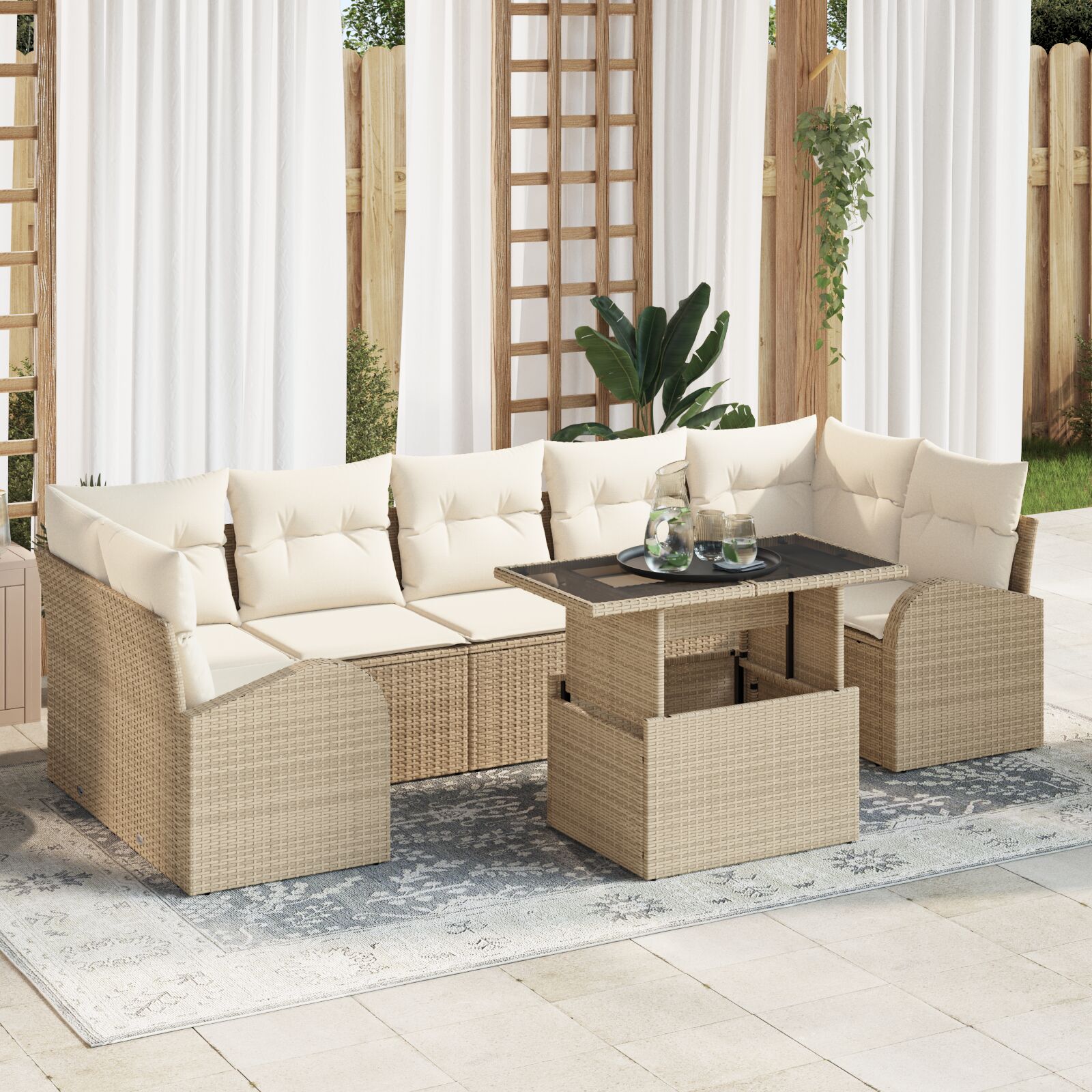 8-teilige Garten Sofaset mit Kissen Beige Poly Rattan