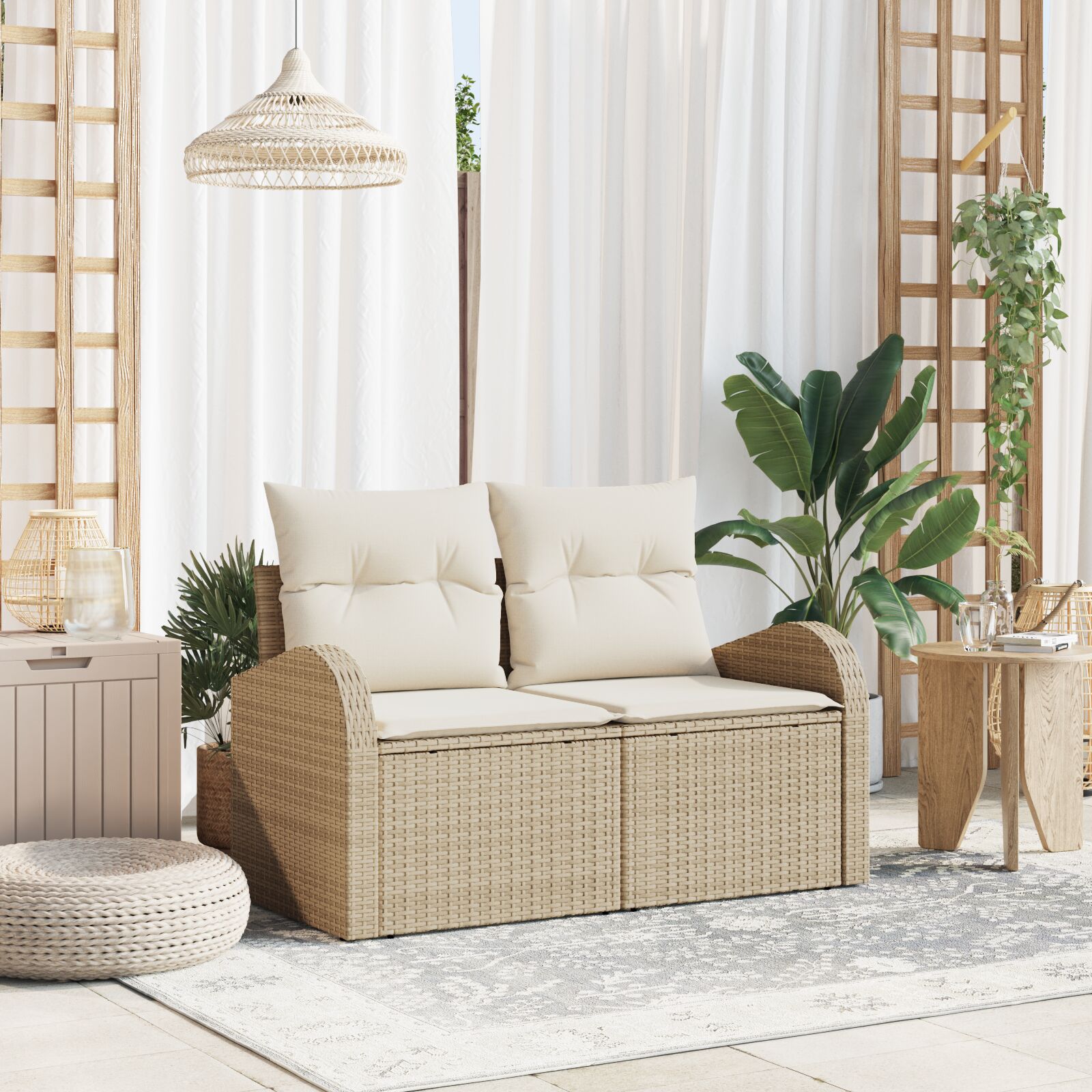 2-Sitzer Garten Sofa mit Stauraum und Kissen Beige Poly Rattan 2-Sitzer Garten Sofa mit Stauraum und Kissen Beige Poly Rattan