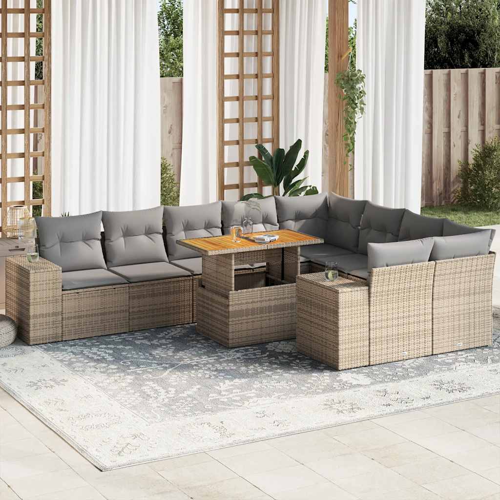 10-tlg. Garten-Sofagarnitur mit Kissen Beige Poly Rattan Akazie 10-tlg. Garten-Sofagarnitur mit Kissen Beige Poly Rattan Akazie