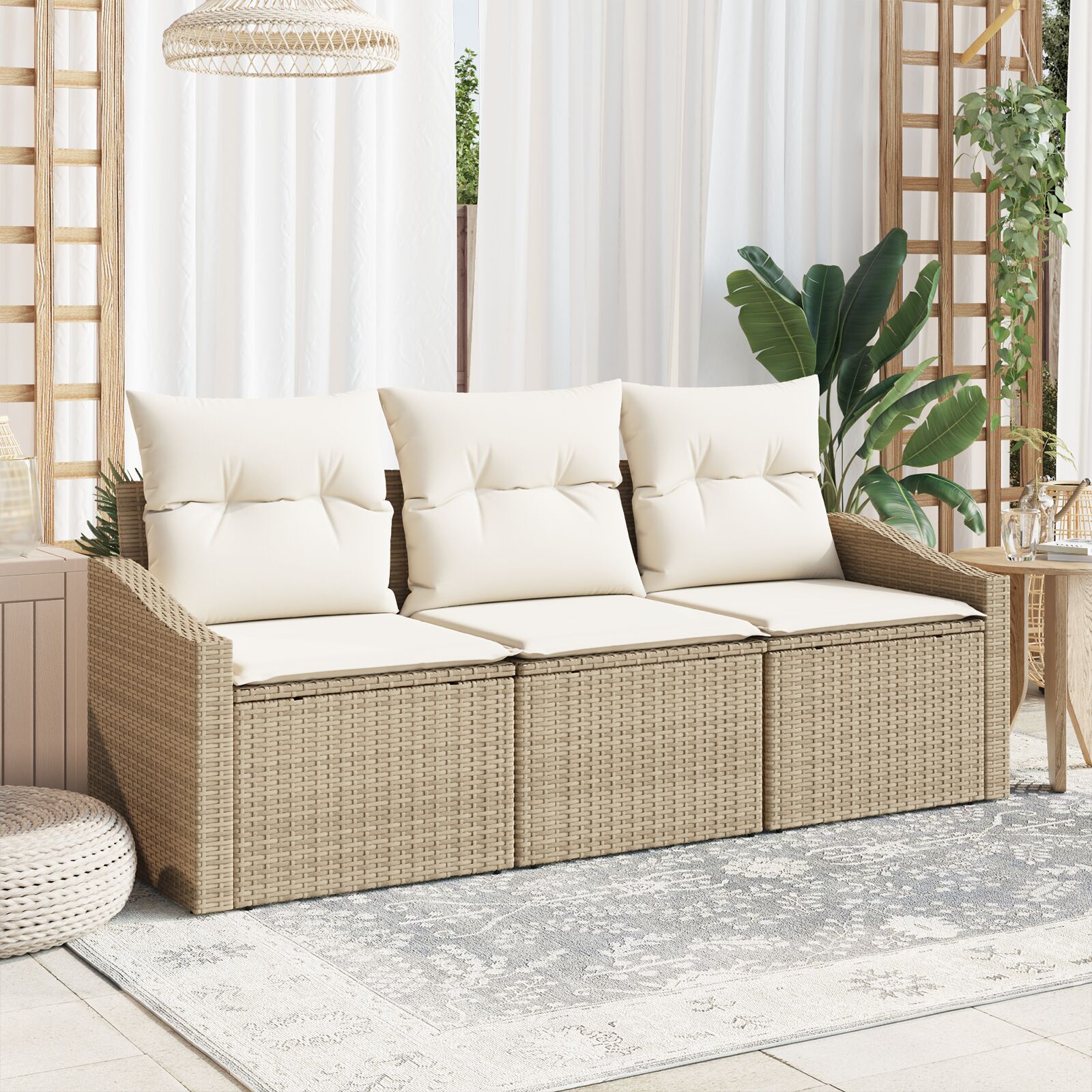 3-teiliges Garten Sofa Set mit Kissen Beige Poly Rattan 3-teiliges Garten Sofa Set mit Kissen Beige Poly Rattan