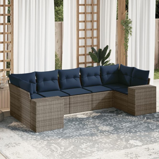 7-teiliges Gartensofa-Set mit Kissen, grau, Polyrattan 7-teiliges Gartensofa-Set mit Kissen, grau, Polyrattan