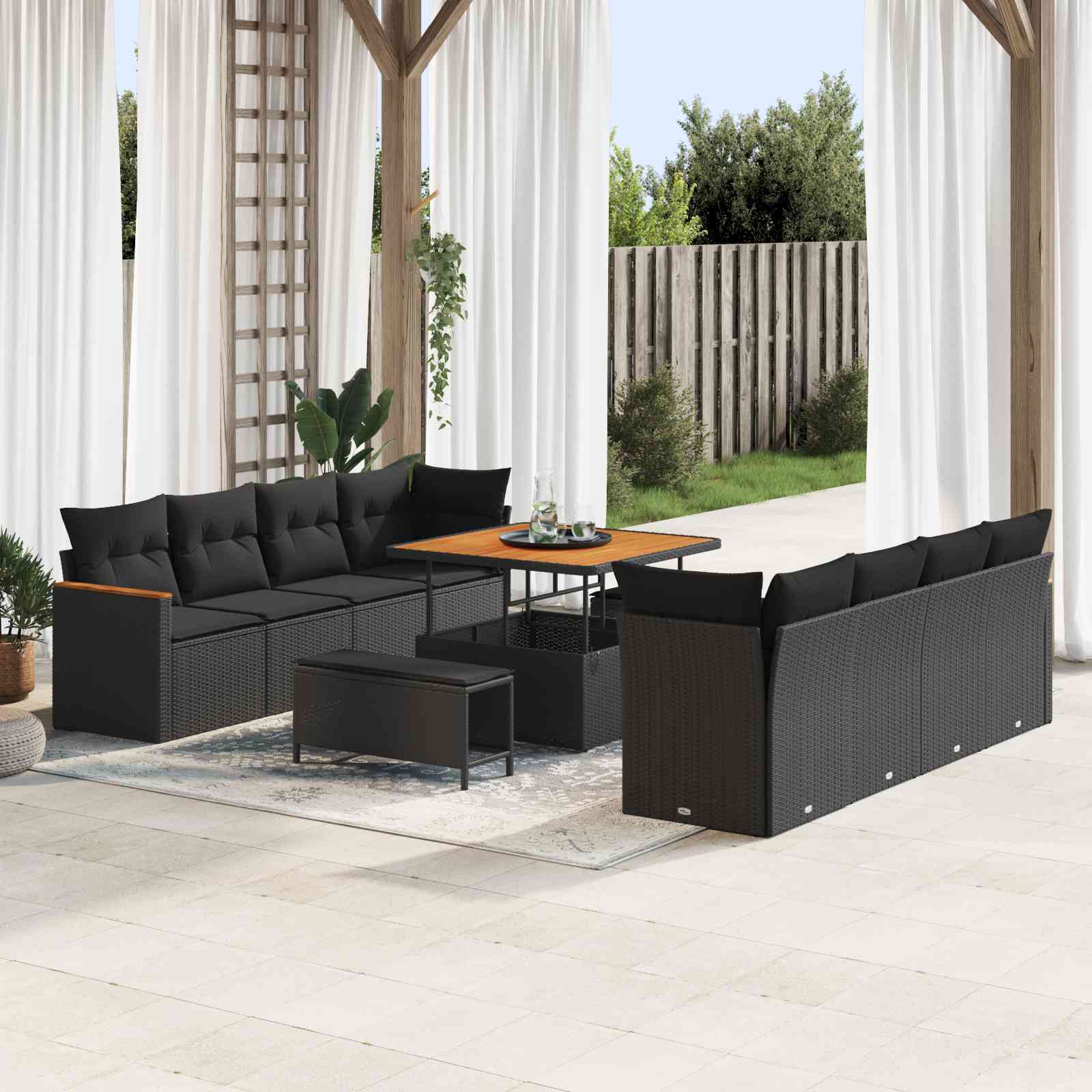 11-teilige Garten-Sofa-Set mit Kissen Schwarz Poly Rattan Akazie