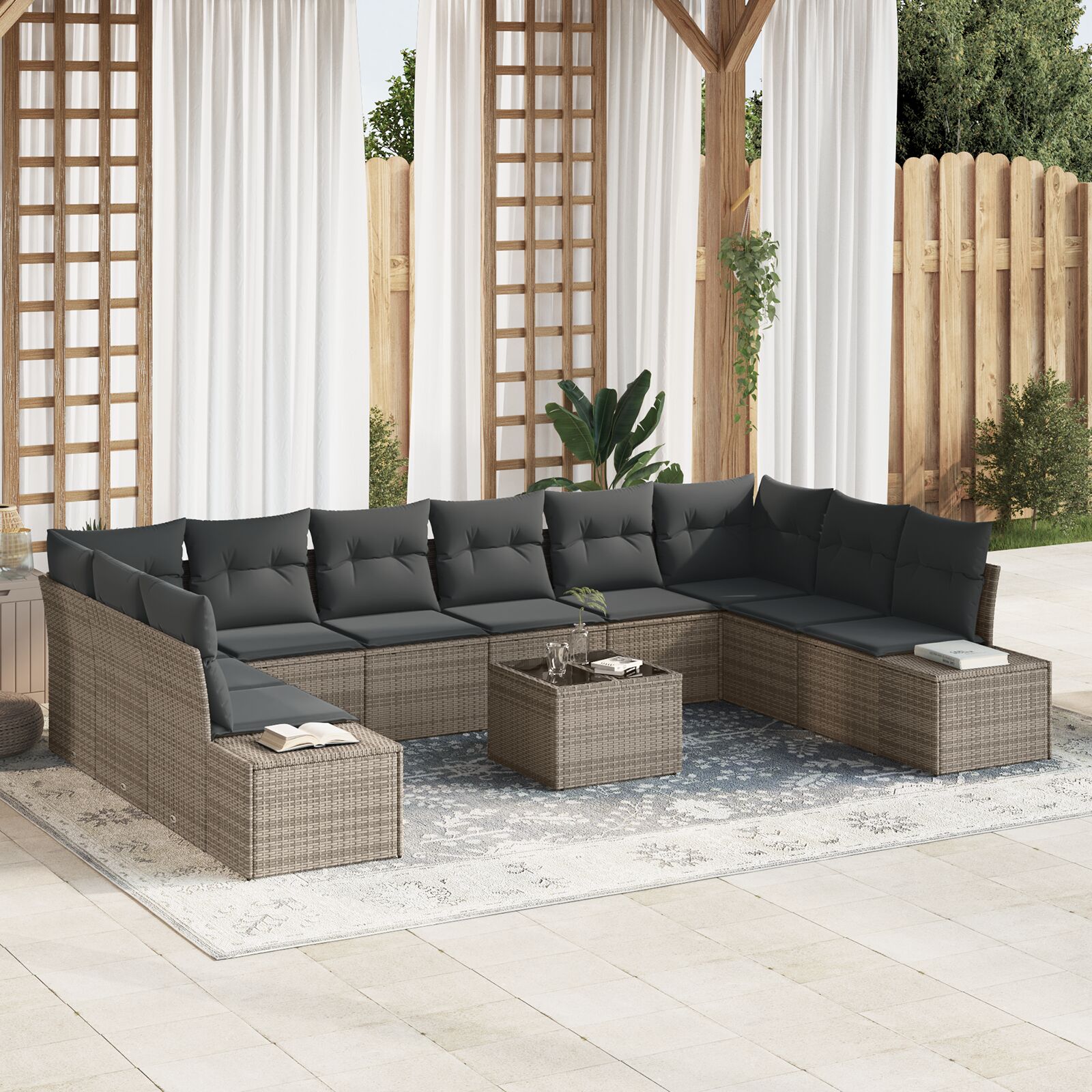 10-teiliges Garten Sofa Set mit Kissen Schwarzes Poly Rattan 10-teiliges Garten Sofa Set mit Kissen Schwarzes Poly Rattan