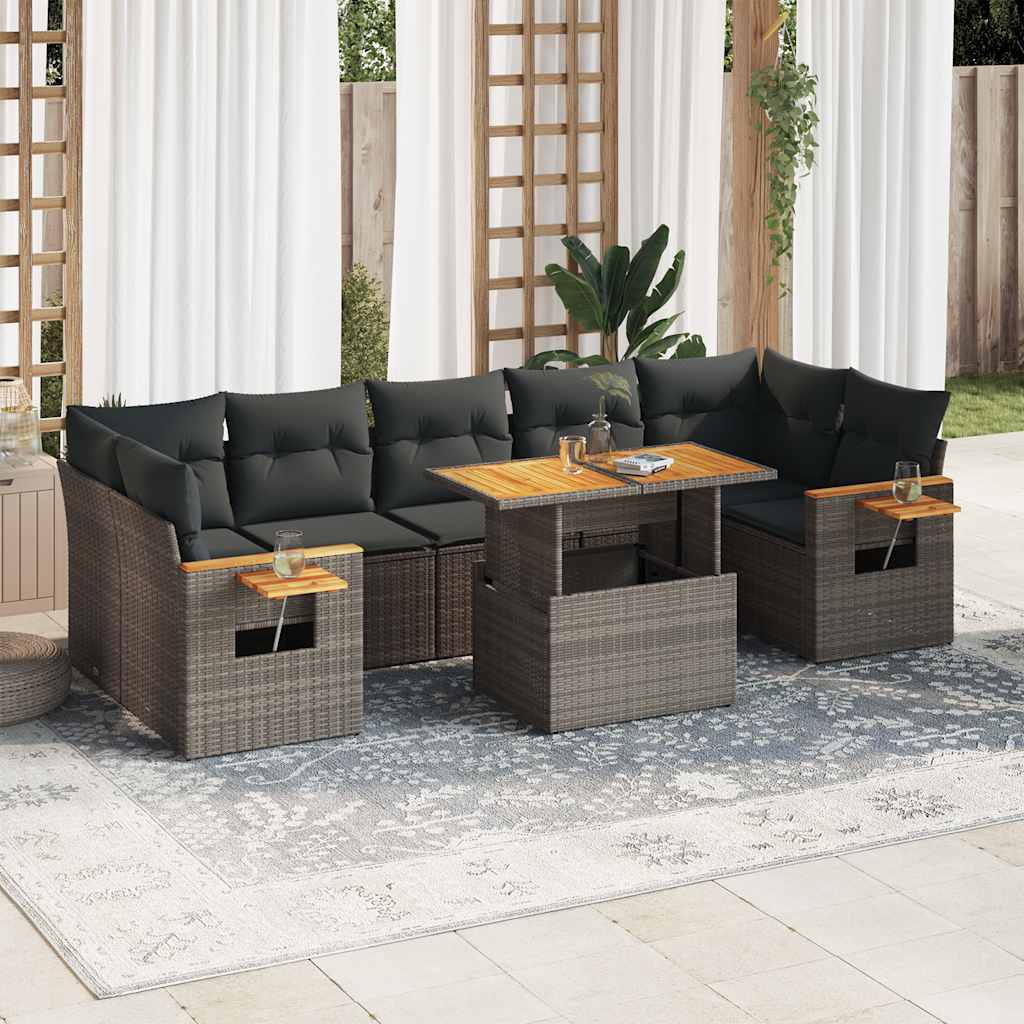 8-tlg. Garten-Sofagarnitur mit Kissen Grau Poly Rattan Akazie 8-tlg. Garten-Sofagarnitur mit Kissen Grau Poly Rattan Akazie