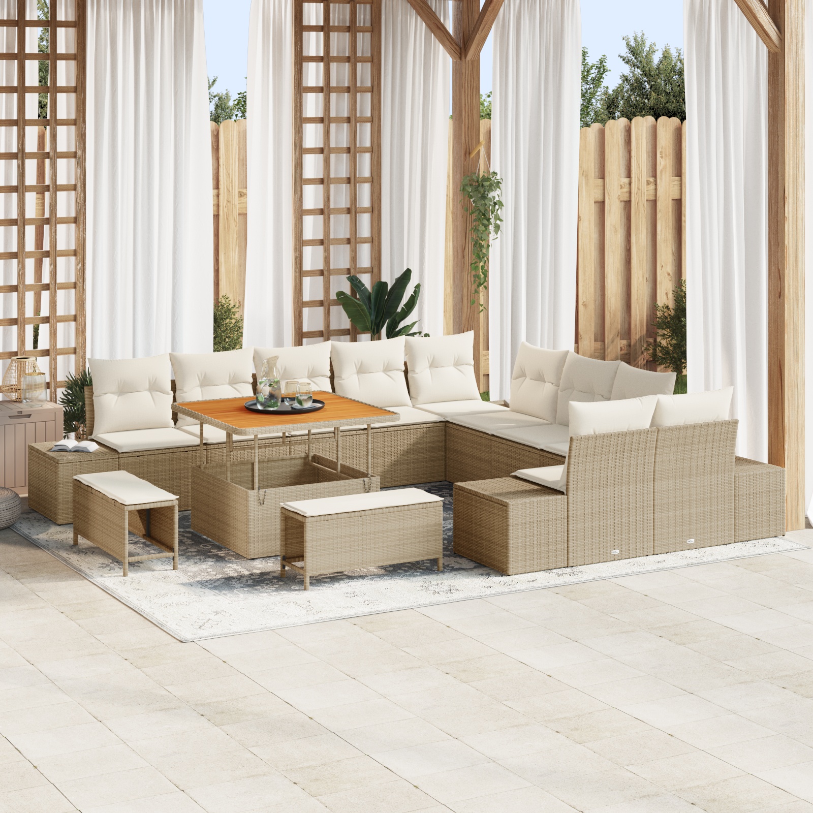 13-tlg. Garten-Sofagarnitur mit Kissen Beige Poly Rattan Akazie 13-tlg. Garten-Sofagarnitur mit Kissen Beige Poly Rattan Akazie