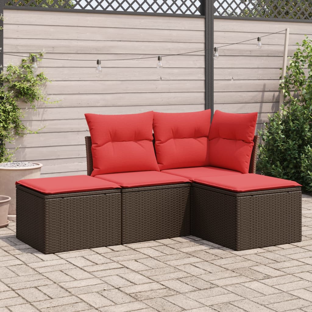4-tlg. Garten-Sofagarnitur mit Kissen Braun Poly Rattan