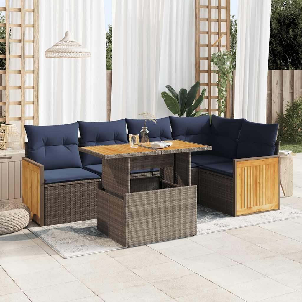 6-tlg. Garten-Sofagarnitur mit Kissen Grau Poly Rattan Akazie 6-tlg. Garten-Sofagarnitur mit Kissen Grau Poly Rattan Akazie