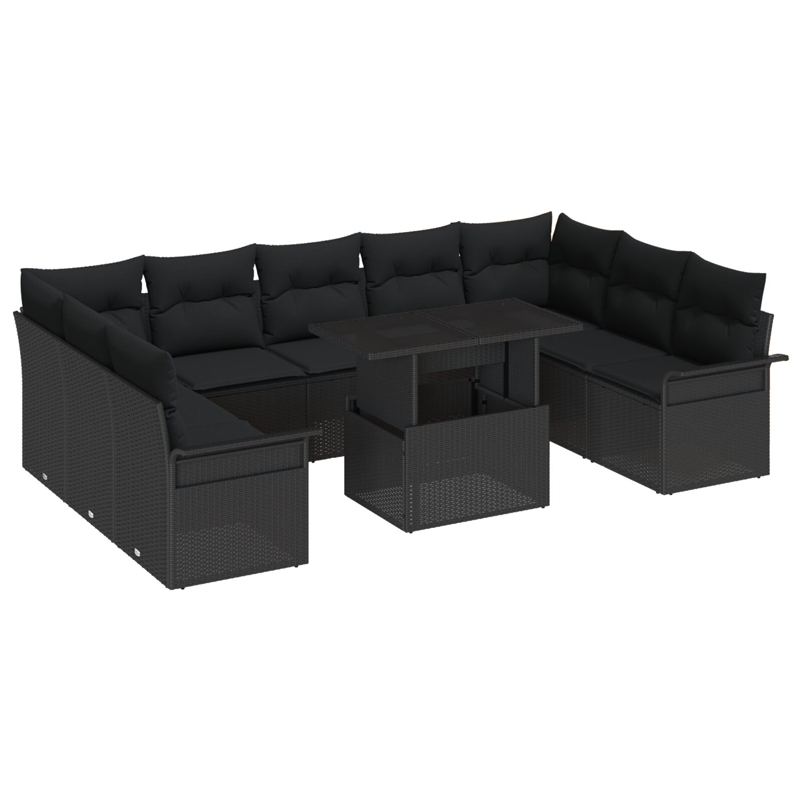 10-teiliges Garten Sofa Set mit Kissen Schwarz Poly Rattan, 2-Sitzer Garten Sofa mit Stauraum & Kissen Schwarz Poly Rattan