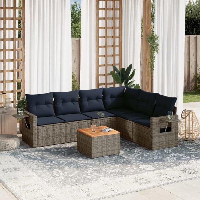 7-teiliges Gartensofa-Set mit Kissen, grau, Polyrattan 7-teiliges Gartensofa-Set mit Kissen, grau, Polyrattan