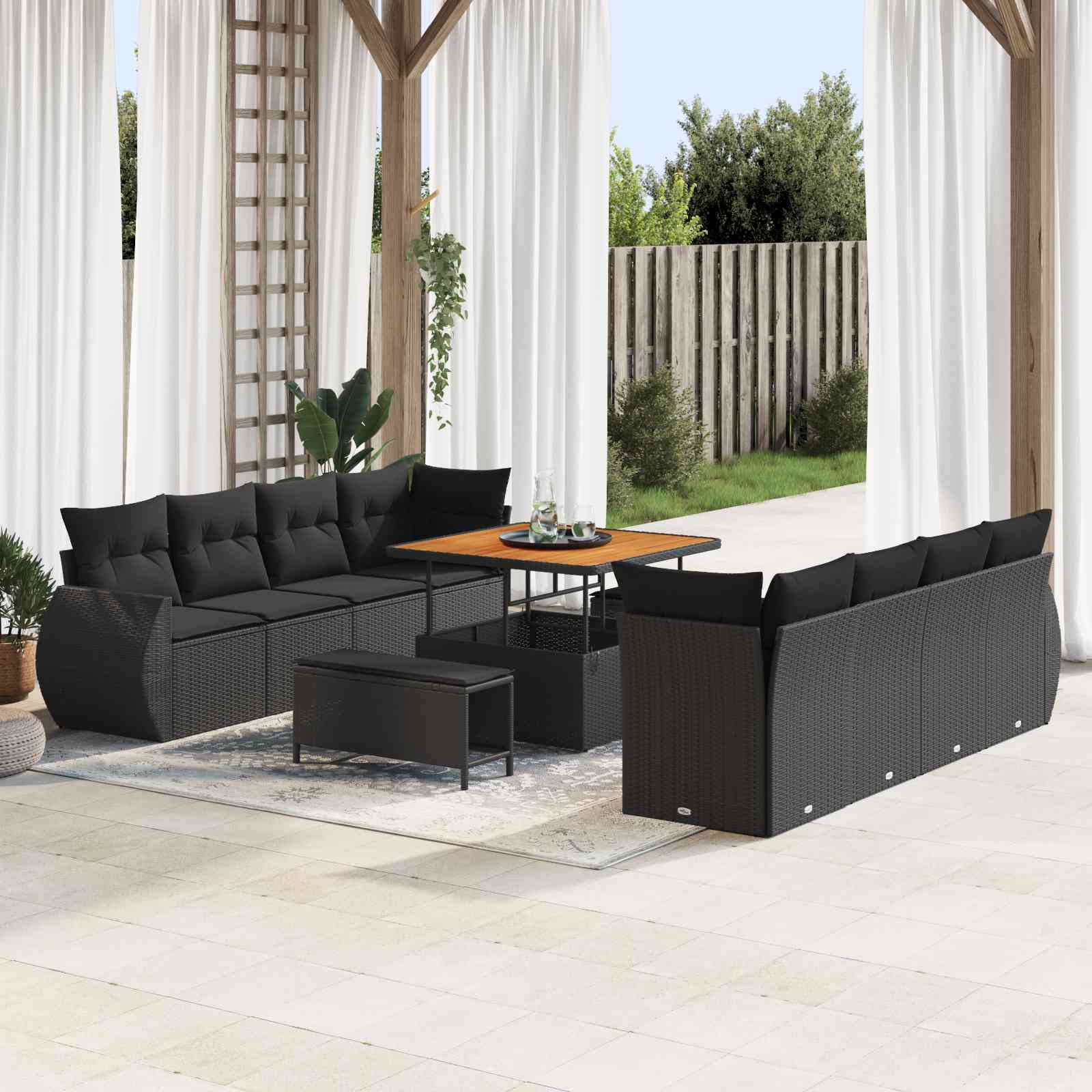 11-teiliges Garten Sofaset mit Kissen Schwarz Poly Rattan Akazie