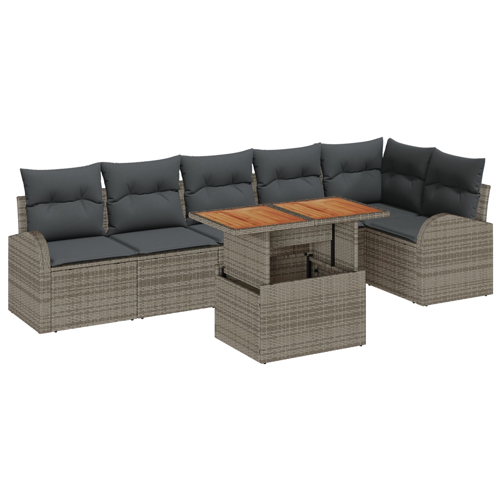 7-teiliges Garten Sofa Set mit Kissen Grau Poly Rattan, 2-Sitzer Garten Sofa mit Stauraum & Kissen Grau Poly Rattan