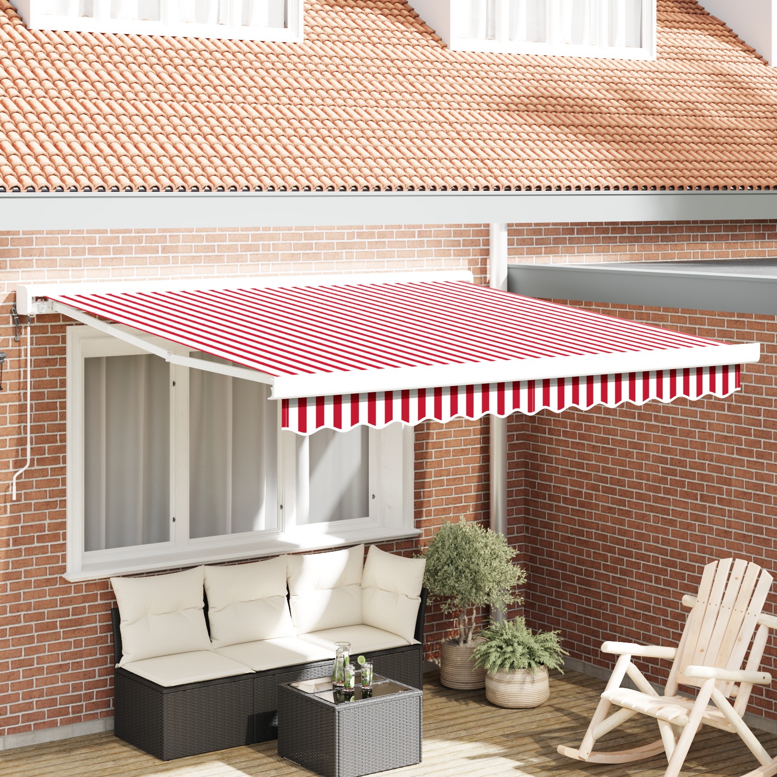 Automatische einziehbare Markise mit roten und weißen Streifen 300x250 cm