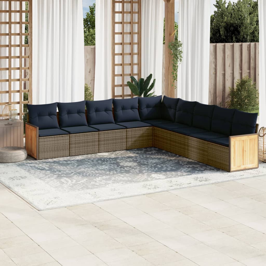 9-teiliges Gartensofa-Set mit Kissen, grau, Polyrattan 9-teiliges Gartensofa-Set mit Kissen, grau, Polyrattan
