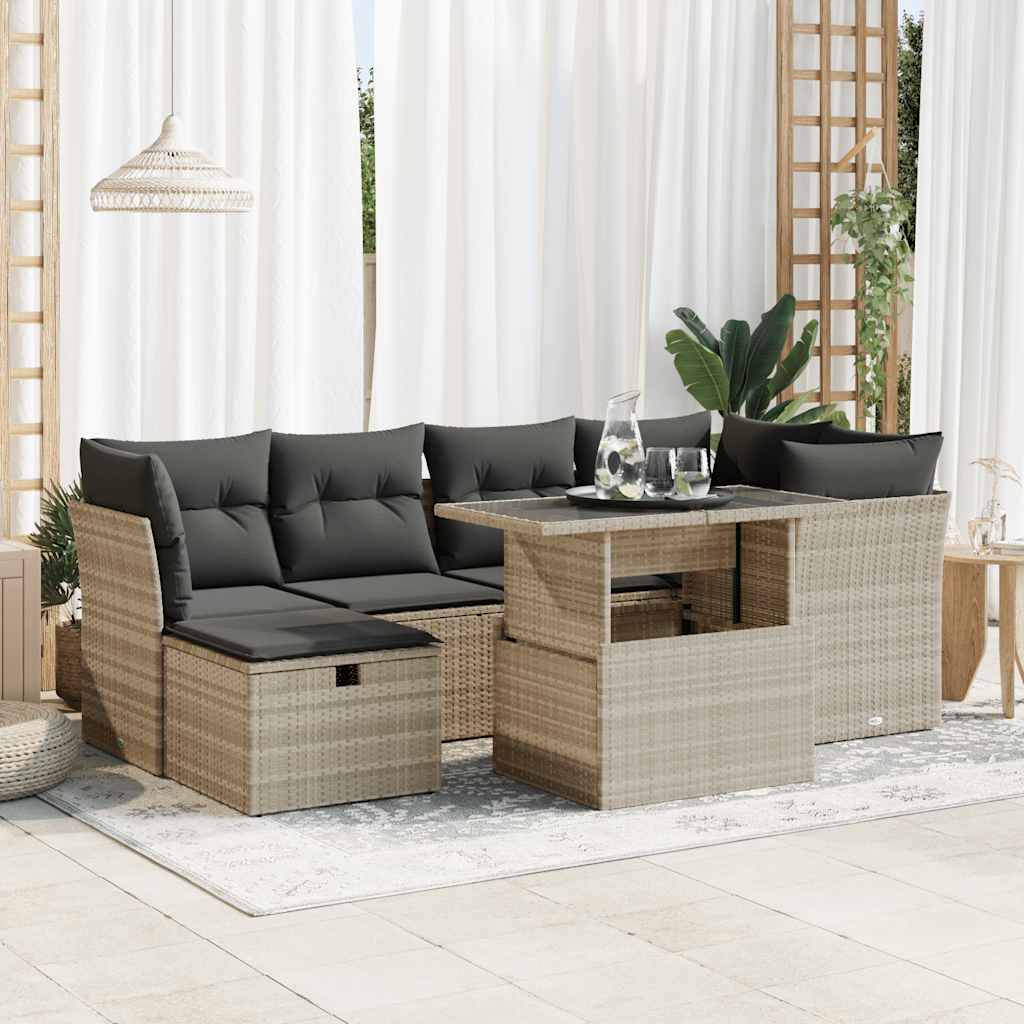 7-tlg. Garten-Sofagarnitur mit Kissen Hellgrau Poly Rattan 7-tlg. Garten-Sofagarnitur mit Kissen Hellgrau Poly Rattan