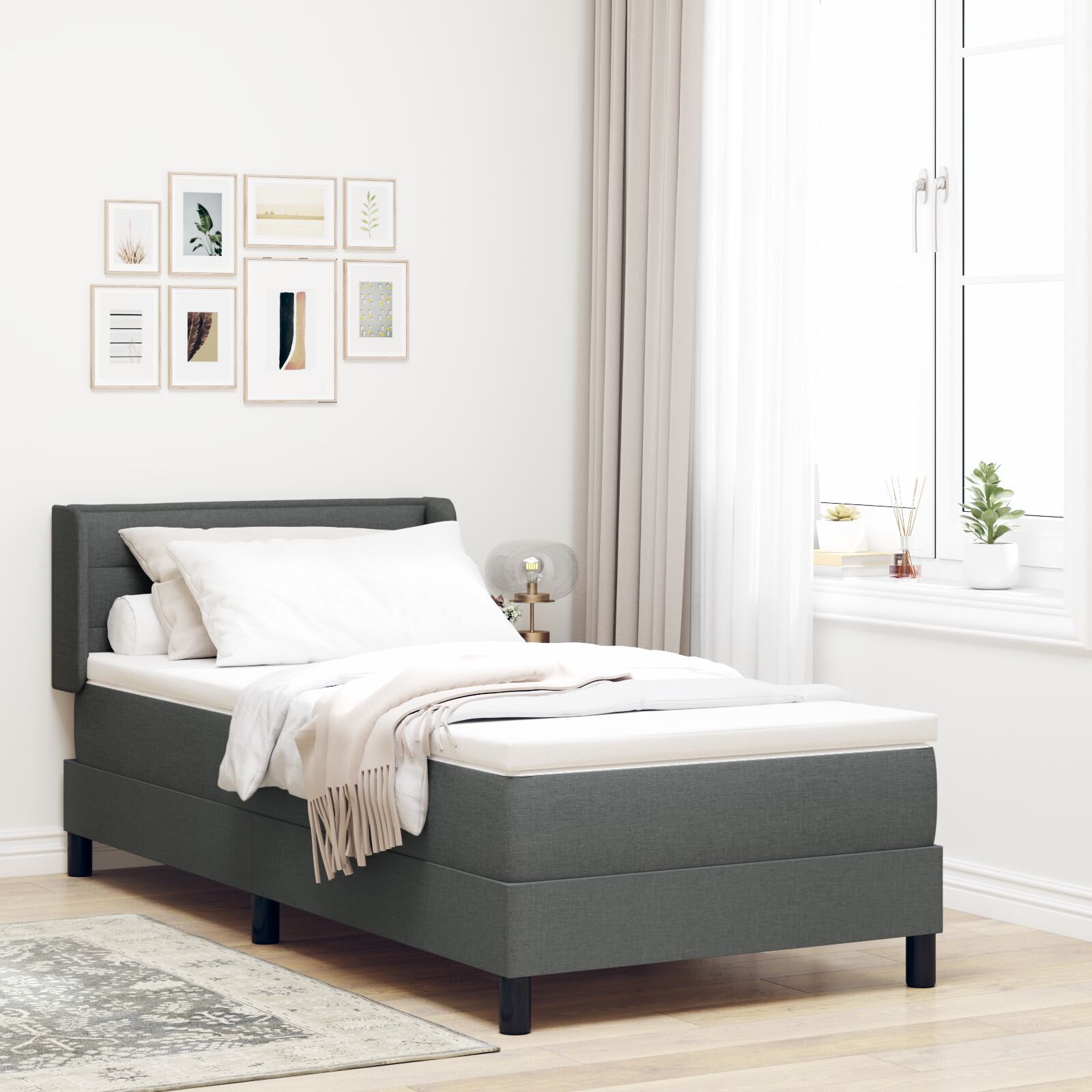 Boxspringbett mit Matratze Dunkelgrau 90x200 cm Stoff, Kopfteil Linien Design Dunkelgrau 90 cm Stoff