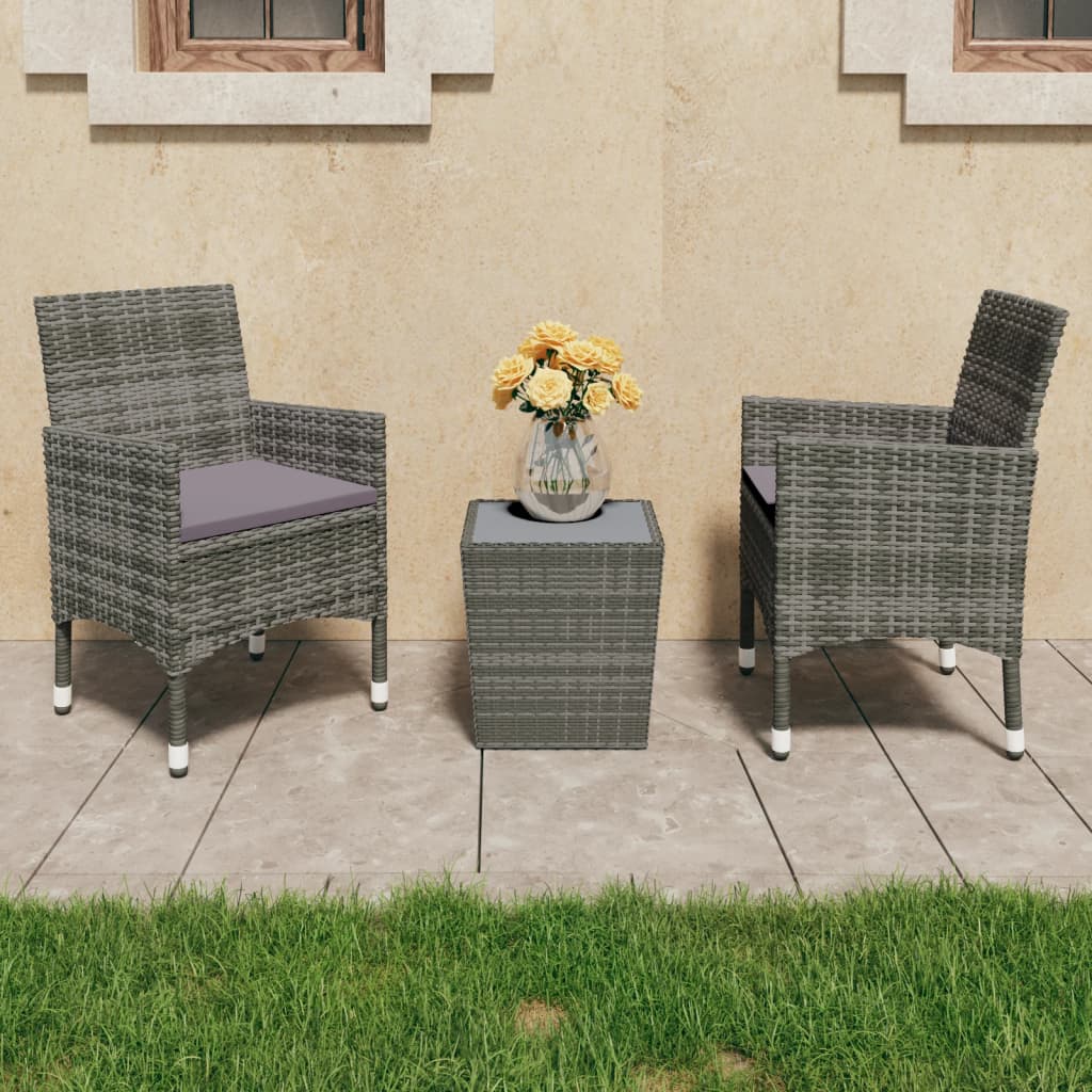 3-tlg. Bistro-Set Poly Rattan und Hartglas Grau 3-tlg. Bistro-Set Poly Rattan und Hartglas Grau