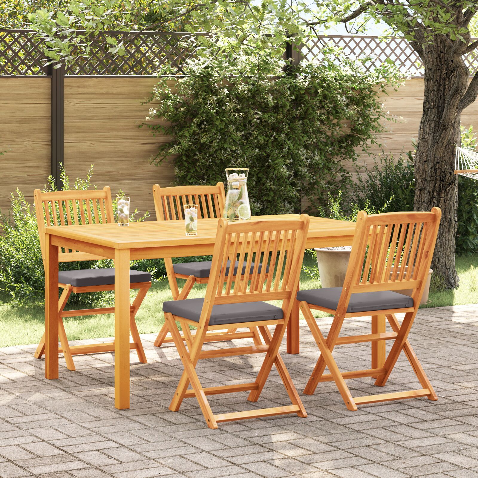 vidaXL Klappgartenstühle mit grauem Kissen 4 Stück aus solidem Akazienholz vidaXL Klappgartenstühle mit grauem Kissen 4 Stück aus solidem Akazienholz