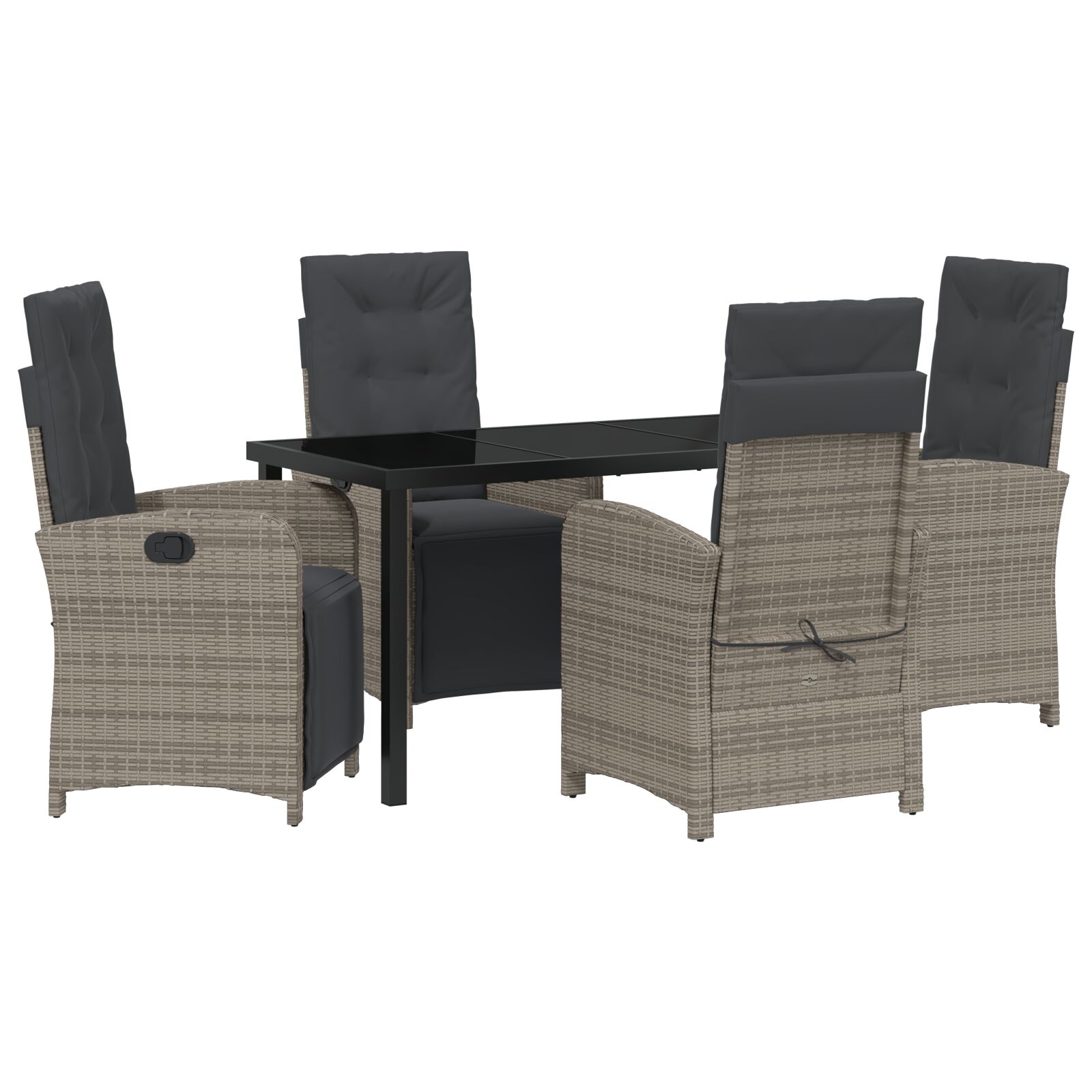 5-teiliges Garten Esstisch Set mit Kissen Grau Poly Rattan, Gartentisch Schwarz 140x80x73 cm Tempered Glass