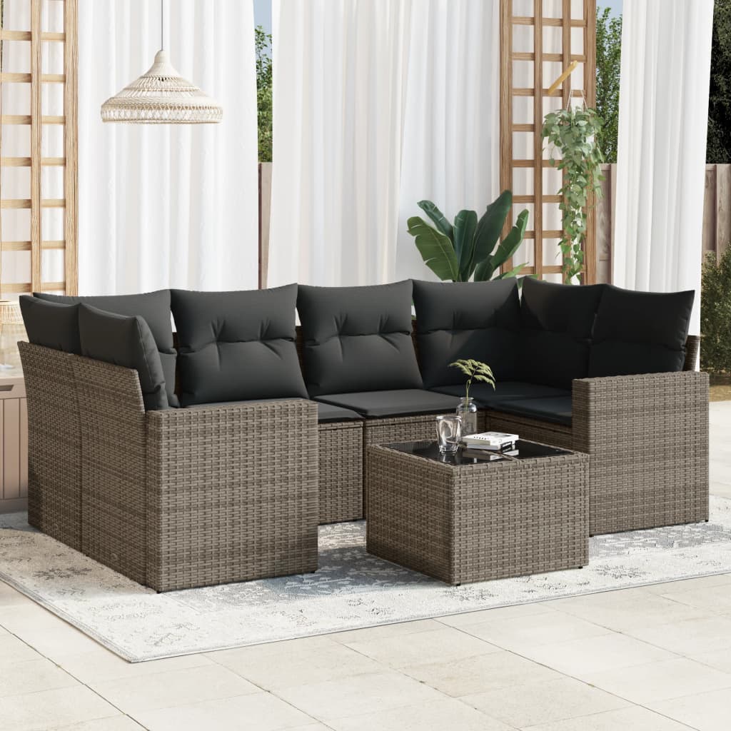 7-tlg. Garten-Sofagarnitur mit Kissen Grau Poly Rattan 7-tlg. Garten-Sofagarnitur mit Kissen Grau Poly Rattan