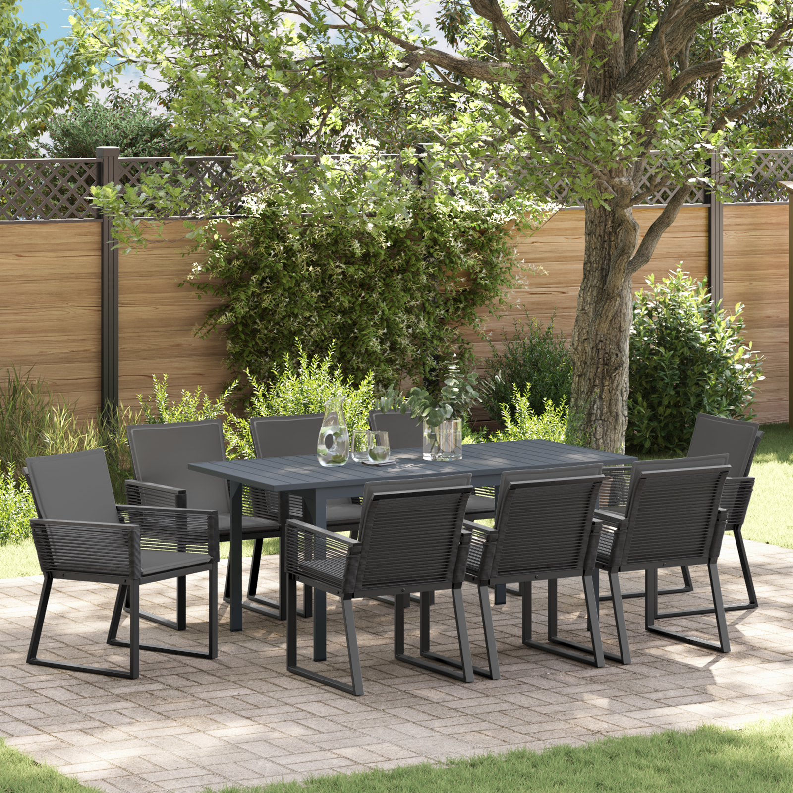 6-teilige Garten-Essgruppe mit Kissen Anthrazit Stahl und Poly Rattan