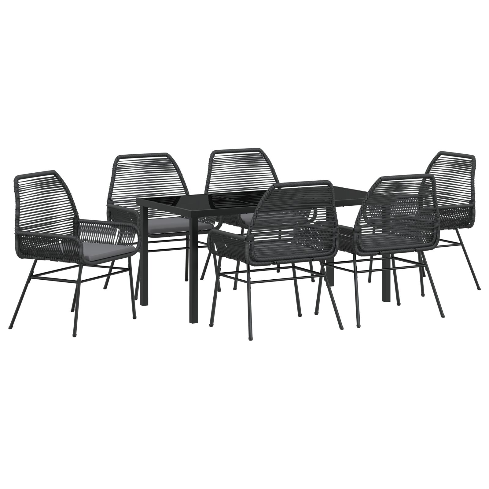 7-teiliges Garten-Essset mit Kissen Schwarz Poly-Rattan