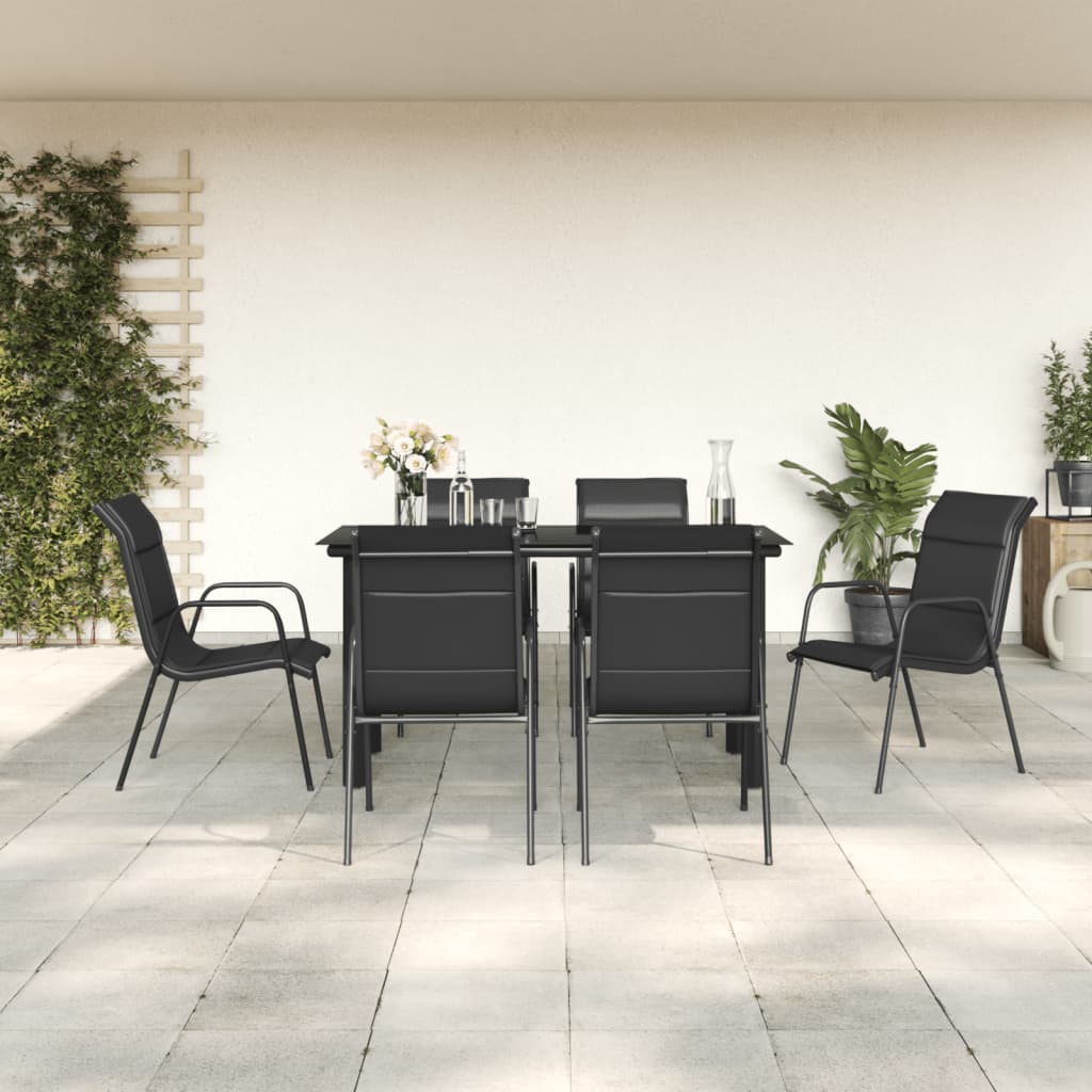 7-tlg. Garten-Essgruppe Schwarz Stahl und Textilene