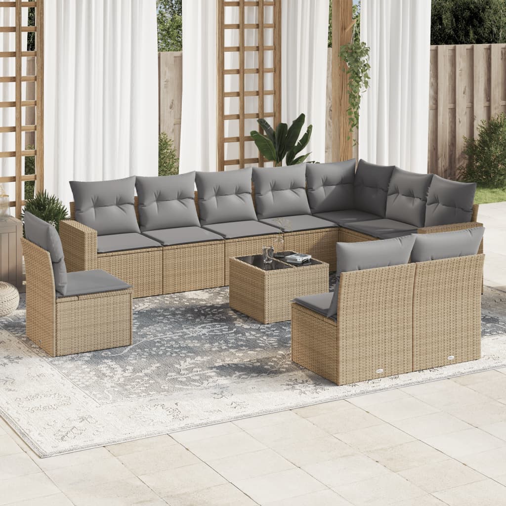 11-tlg. Garten-Sofagarnitur mit Kissen Beige Poly Rattan 11-tlg. Garten-Sofagarnitur mit Kissen Beige Poly Rattan