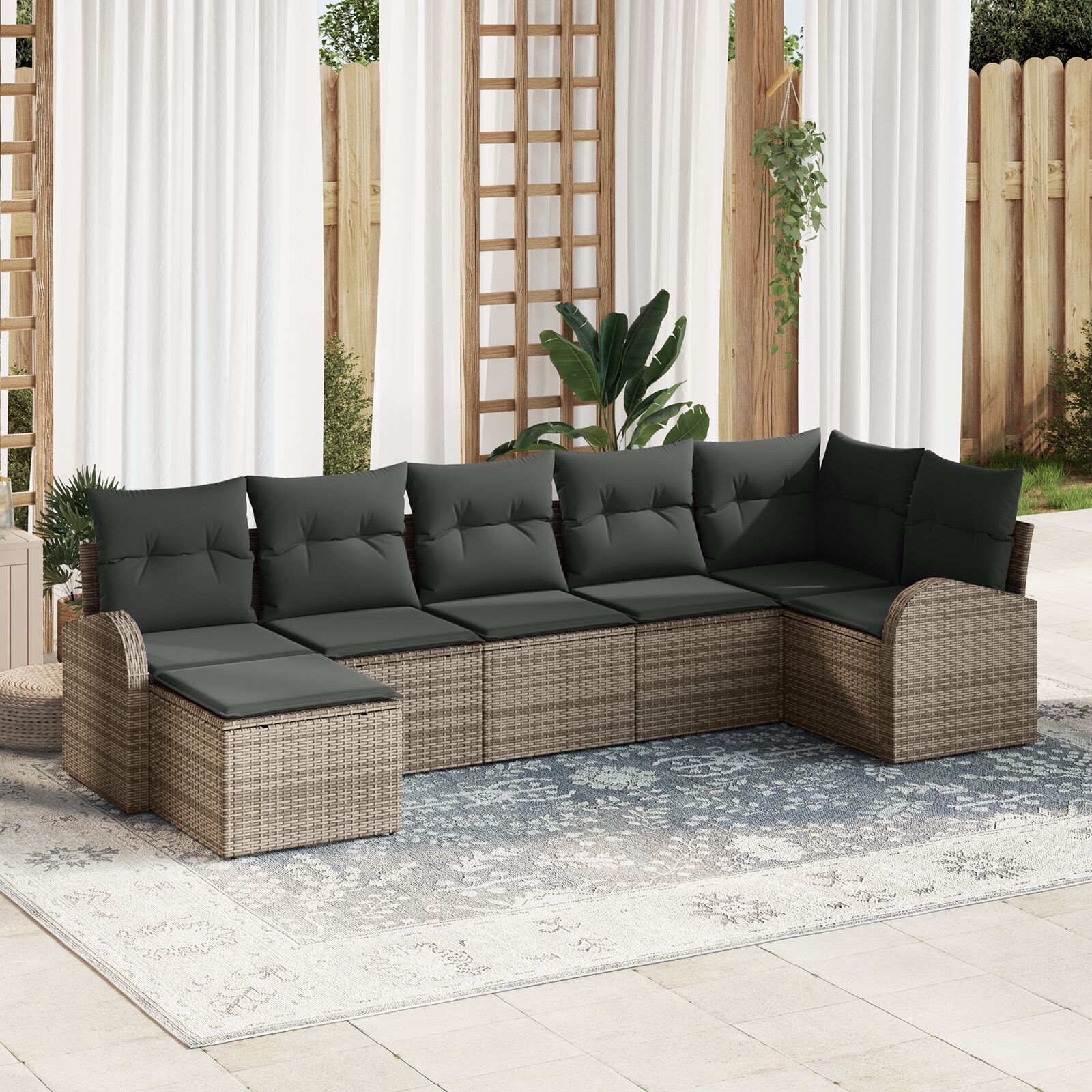 Garten Sofa Set Set von 7 Grau Rattan, Polyesterkissen