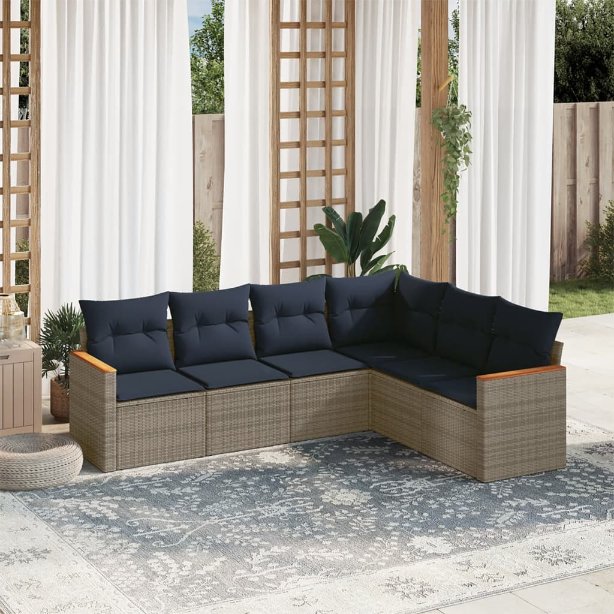 6-teiliges Gartensofa-Set mit Kissen, grau, Polyrattan 6-teiliges Gartensofa-Set mit Kissen, grau, Polyrattan