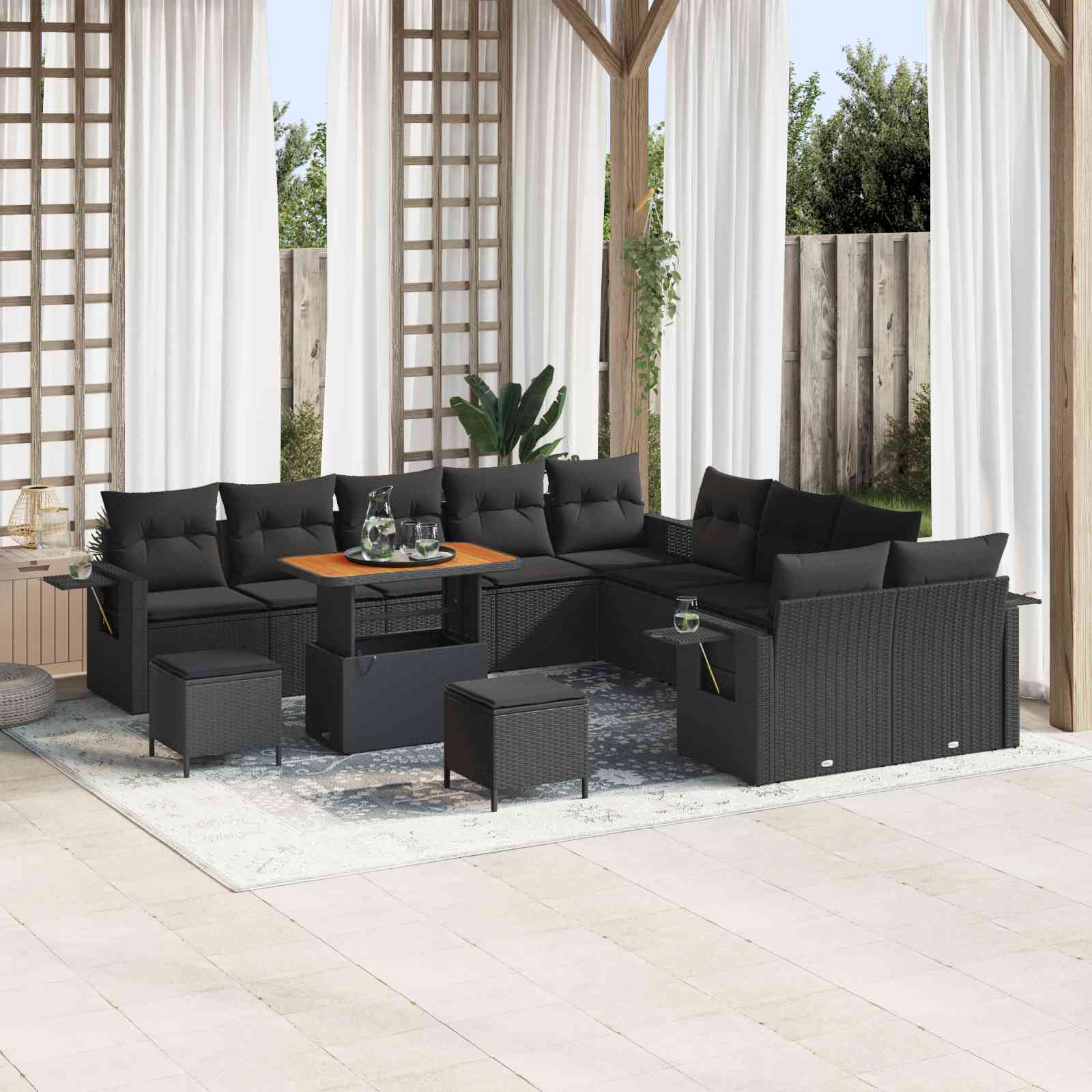 13-teiliges Garten-Sofa-Set mit Kissen - Schwarzes Poly-Rattan Akazie 13-teiliges Garten-Sofa-Set mit Kissen - Schwarzes Poly-Rattan Akazie