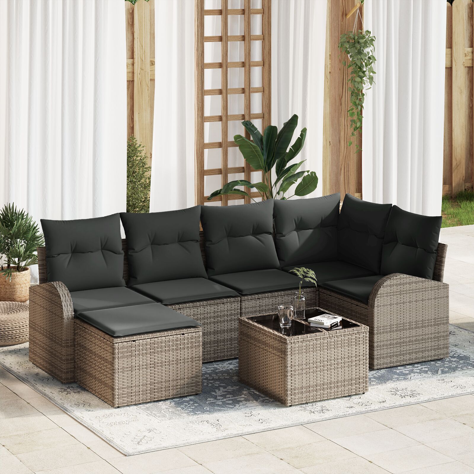 6-teiliges Garten Sofa Set mit Kissen - schwarzes Poly Rattan