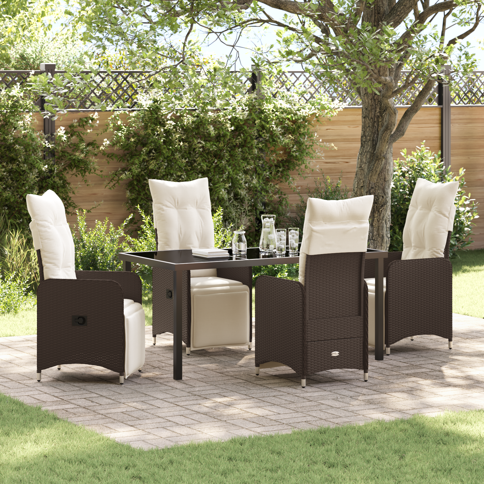 5-tlg. braunes Garten-Esszimmer-Set mit Kissen aus Poly-Rattan 5-tlg. braunes Garten-Esszimmer-Set mit Kissen aus Poly-Rattan