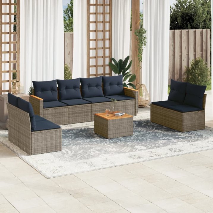 9-teiliges Gartensofa-Set mit Kissen, grau, Polyrattan 9-teiliges Gartensofa-Set mit Kissen, grau, Polyrattan