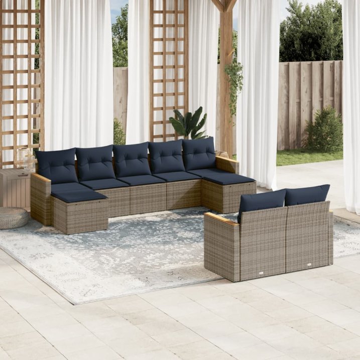 9-teiliges Gartensofa-Set mit Kissen, grau, Polyrattan 9-teiliges Gartensofa-Set mit Kissen, grau, Polyrattan