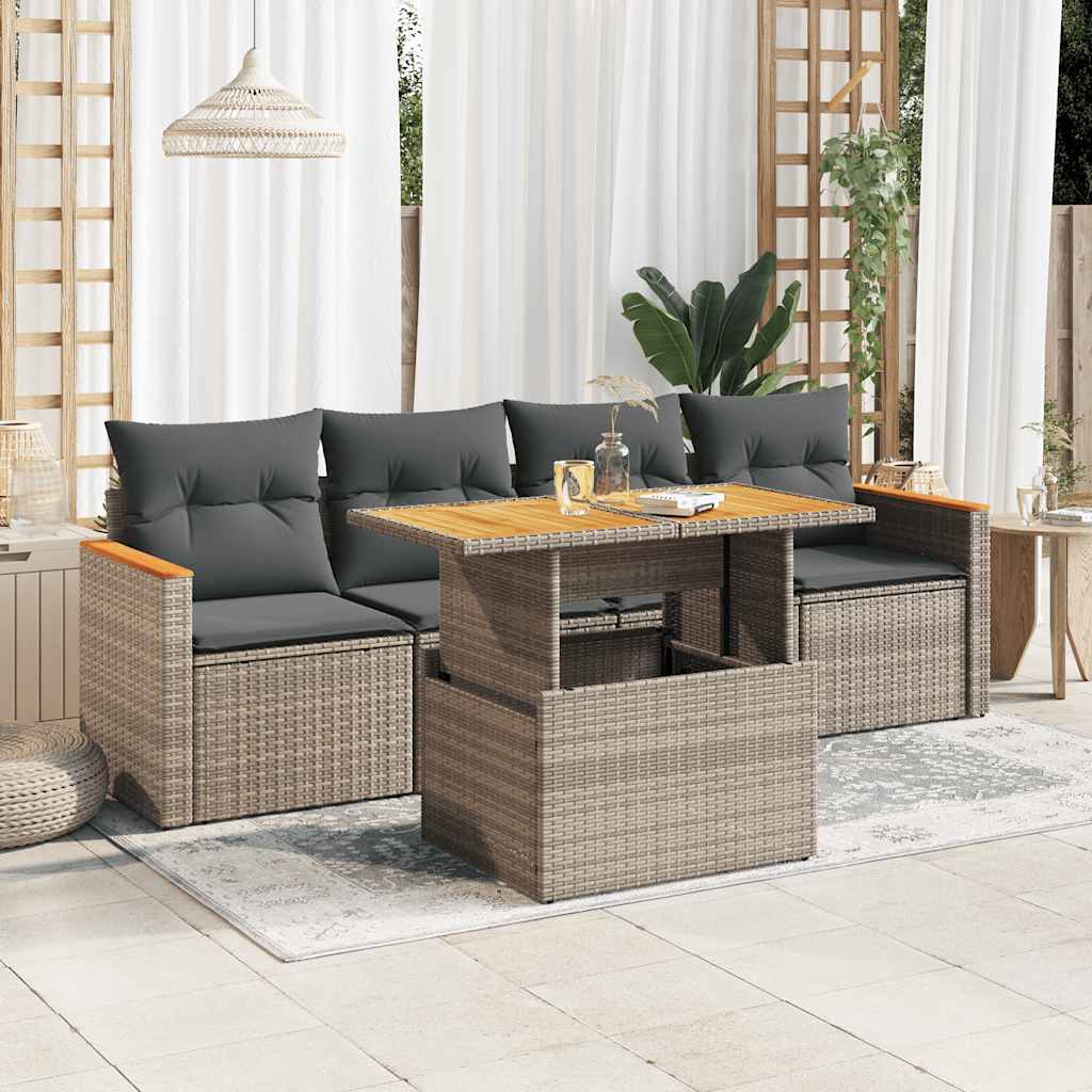 5-tlg. Garten-Sofagarnitur mit Kissen Grau Poly Rattan Akazie 5-tlg. Garten-Sofagarnitur mit Kissen Grau Poly Rattan Akazie