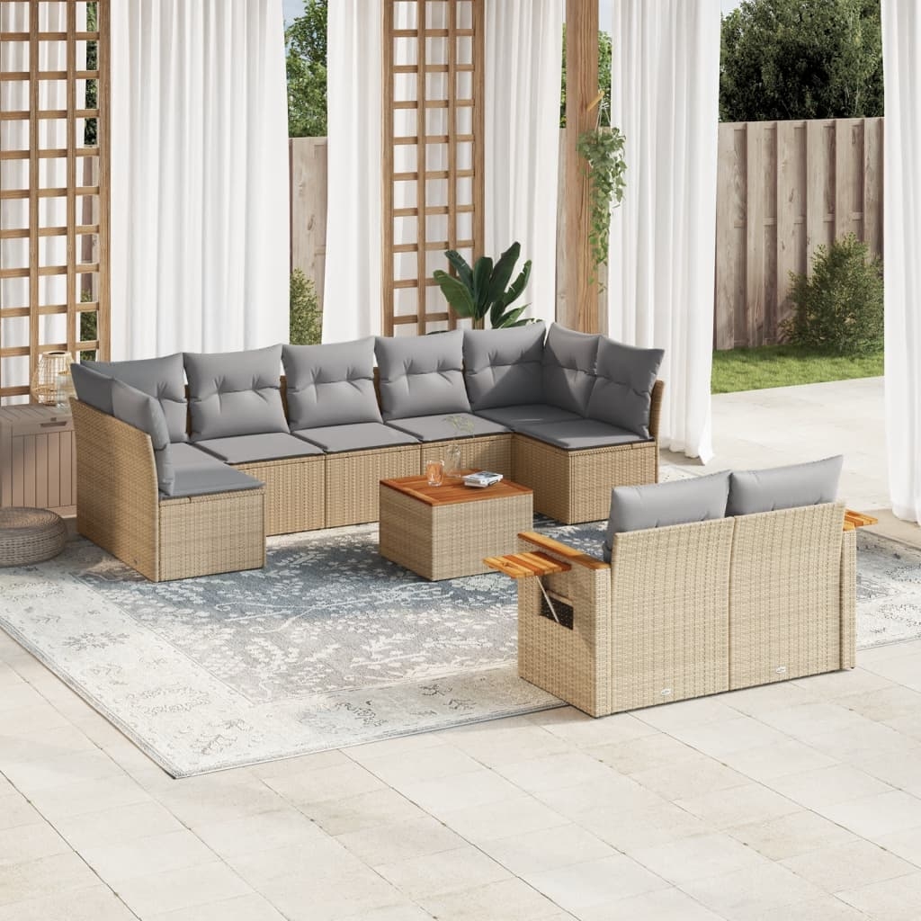 10-tlg. Garten-Sofagarnitur mit Kissen Beige Poly Rattan 10-tlg. Garten-Sofagarnitur mit Kissen Beige Poly Rattan
