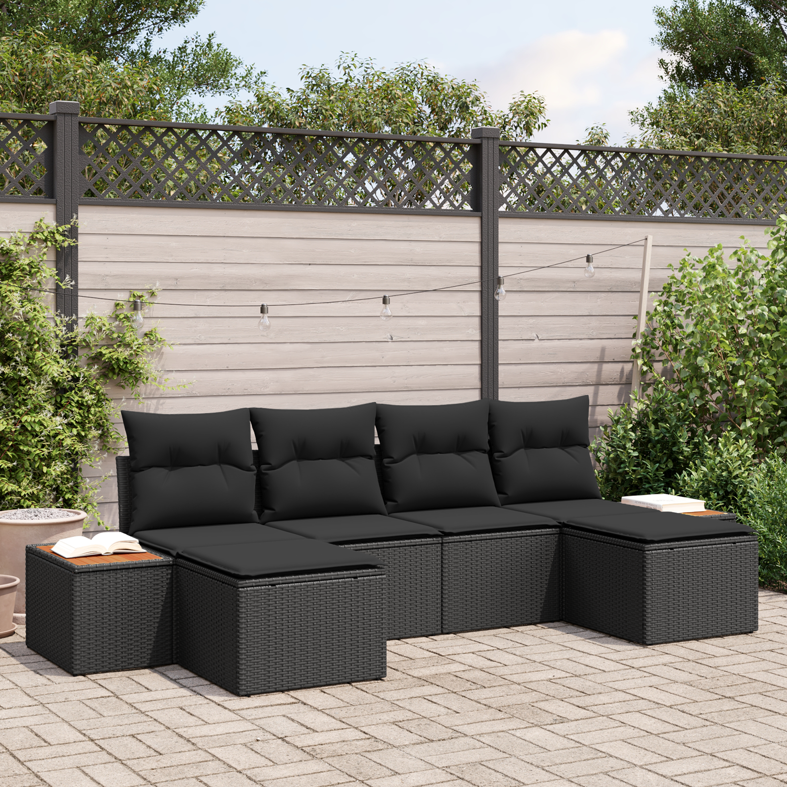 6-teiliges Garten-Sofa-Set mit Kissen Schwarz Poly-Rattan Akazie 6-teiliges Garten-Sofa-Set mit Kissen Schwarz Poly-Rattan Akazie
