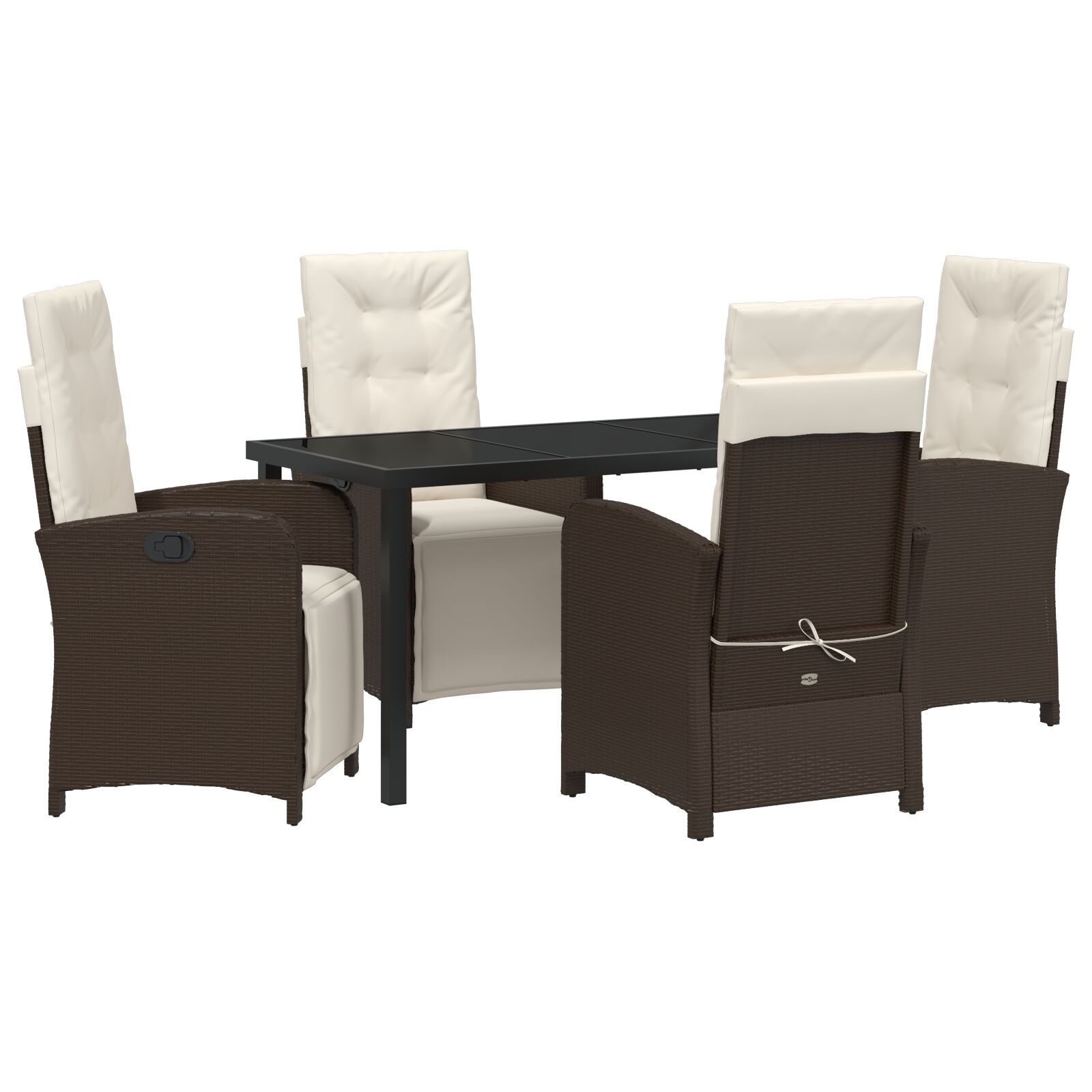 5-teiliges Garten Essgruppe mit Kissen in Braun aus Poly-Rattan, Gartentisch Schwarz 140x80x73 cm aus Sicherheitsglas