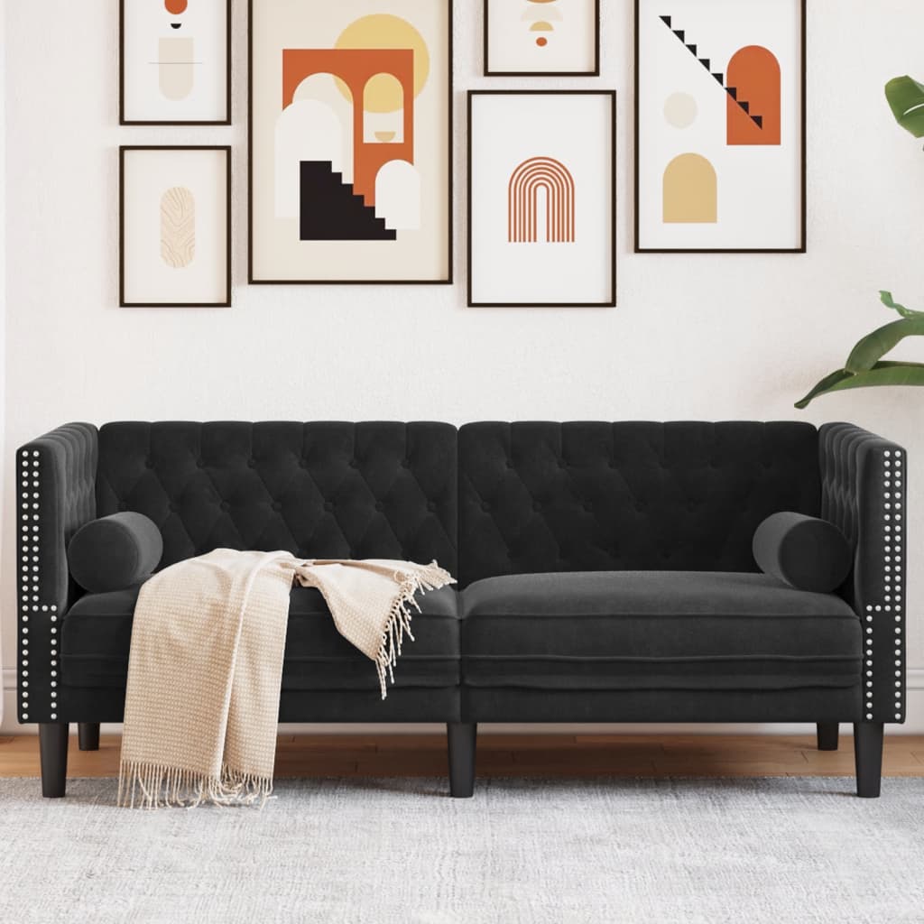 Chesterfield-Sofa mit Nackenrollen 2-Sitzer Schwarz Samt Chesterfield-Sofa mit Nackenrollen 2-Sitzer Schwarz Samt