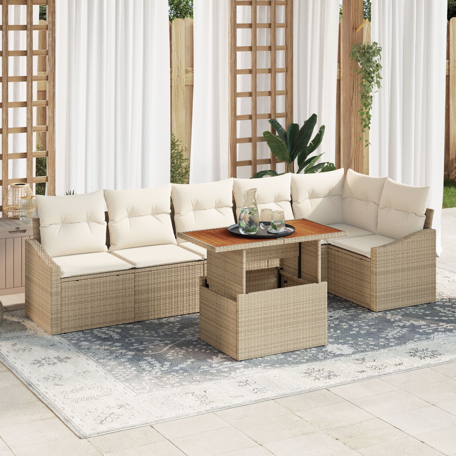 7-teilige Garten Essgruppe mit Kissen Beige Poly Rattan Akazie